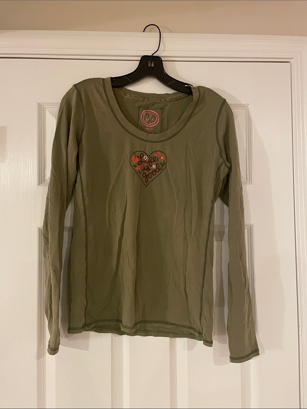 Life Is Good Olive Green Long-Sleeve Tee with Heart Patch